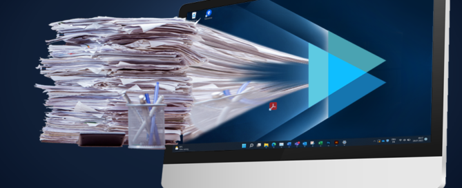 Computerbildschirm, in den Papierdokumente digitalisiert werden.