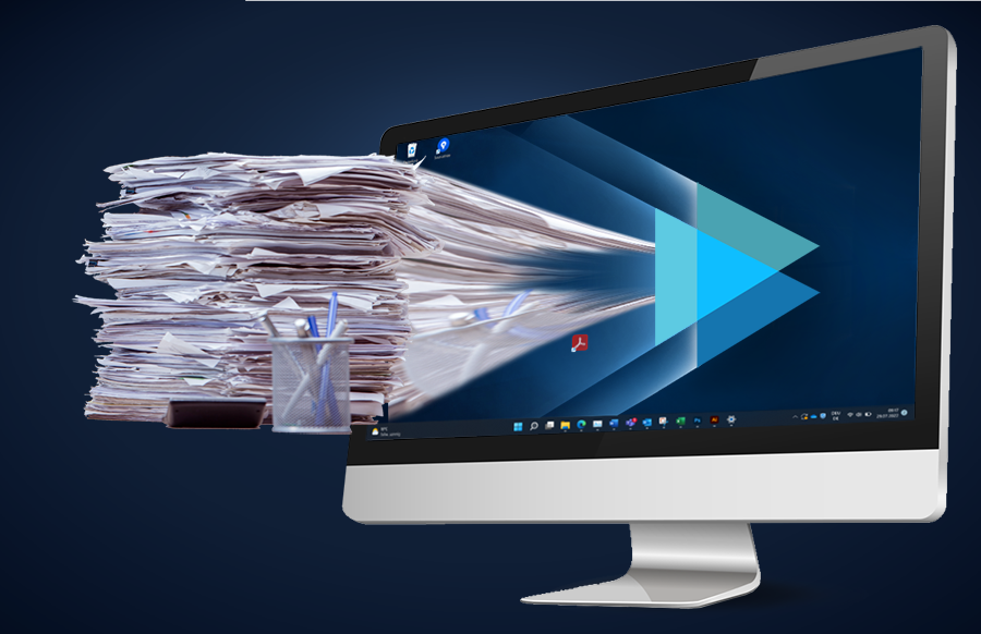 Computerbildschirm, in den Papierdokumente digitalisiert werden.