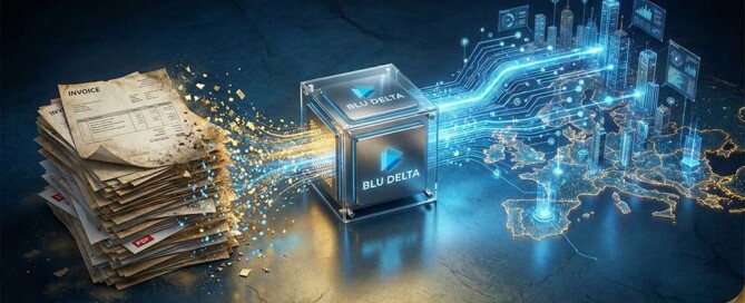 „Papierdokumente verwandeln sich in digitale Datenströme, die in ein zentrales System fließen.